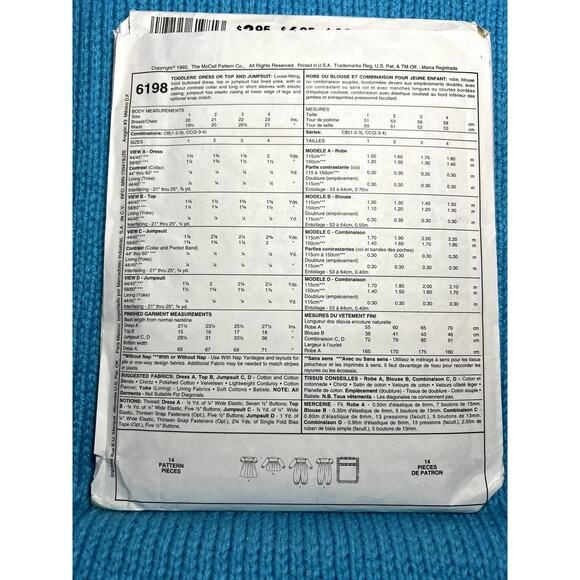 McCalls 6198 Sewing pattern toddler dress romper jumpsuit size 1 2 3 - Picture 3 of 5